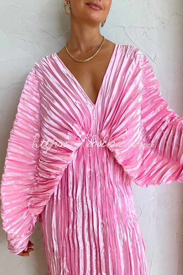 Sculpturally Luxurious Kimono Sleeve Pleated Cocoon Maxi Dress