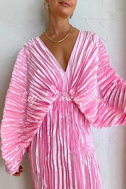 Sculpturally Luxurious Kimono Sleeve Pleated Cocoon Maxi Dress