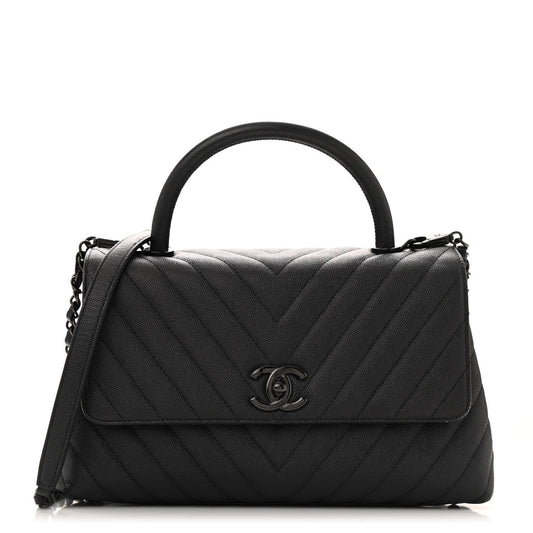 Caviar Chevron Quilted Small Coco Handle Flap So Black