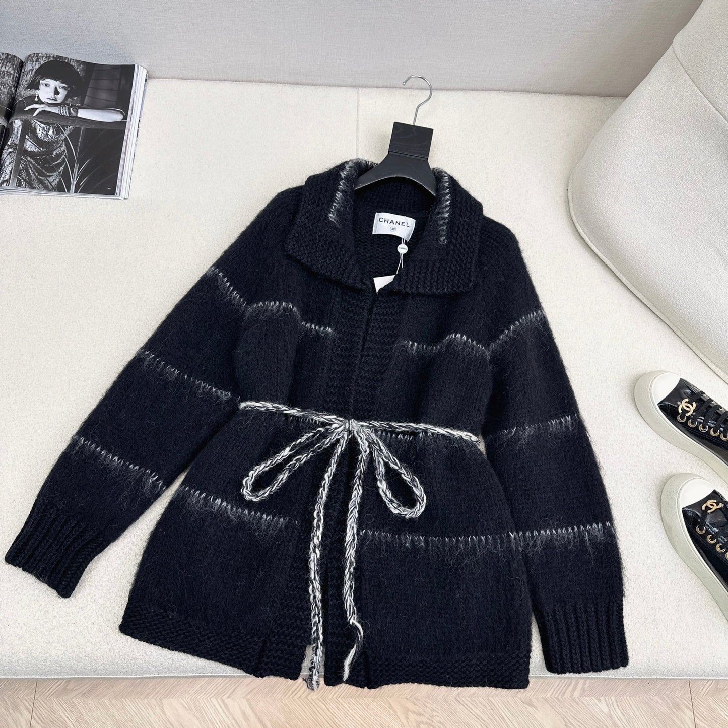 CC Mohair Wool Fluffy Black and White Belt Cardigan