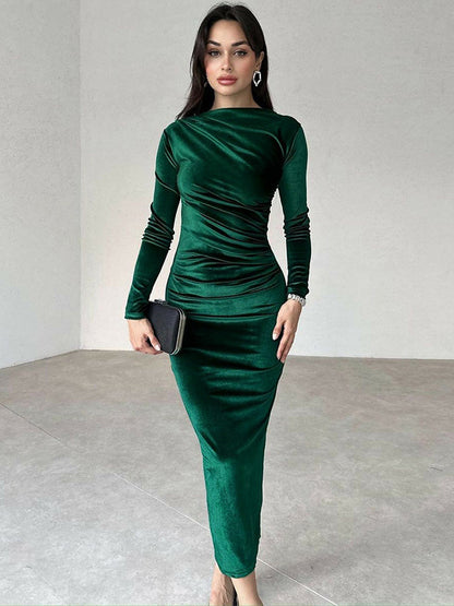 Velvet Dress Black Pleated Dating Long Sleeves Jewel Neck Summer Maxi Dresses