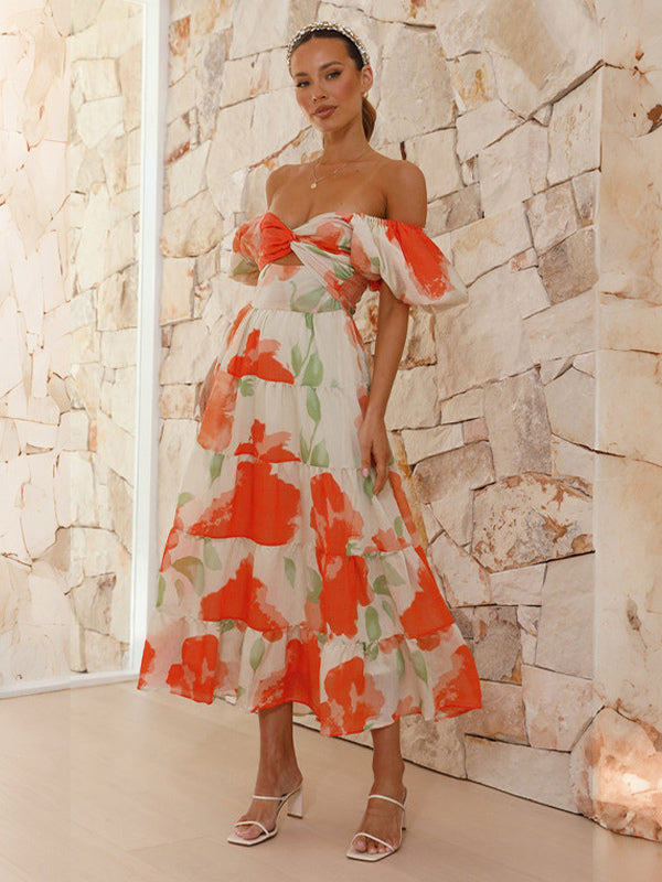 Floral Dress Maxi Dresses Floral Print Short Sleeves Strapless Casual Open Shoulder Strapless Cut Out No Open Seam Long Summer