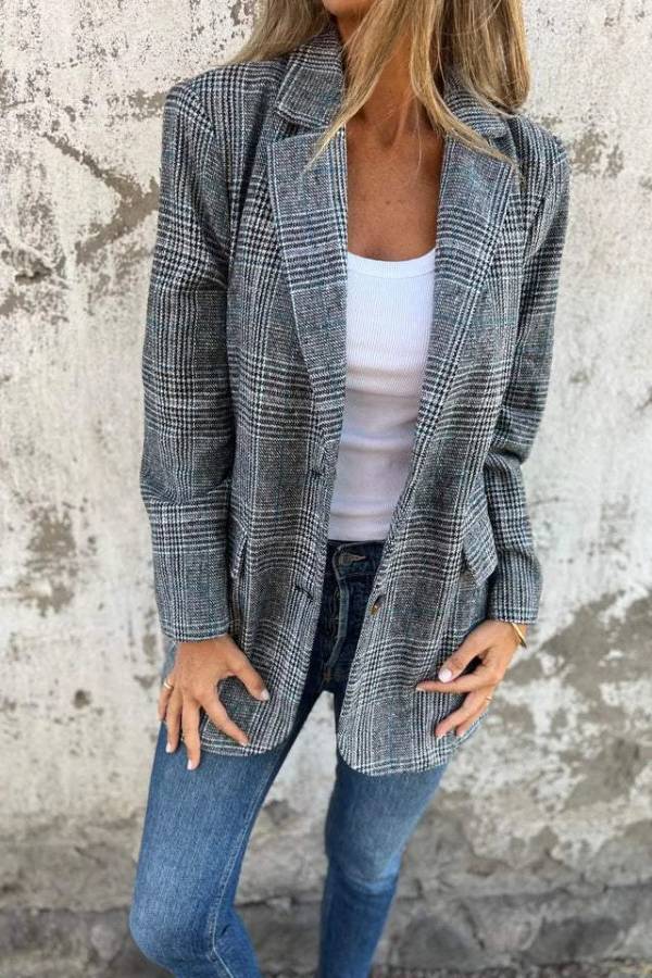 Abrigo de traje con solapa a cuadros estilo retro informal y elegante