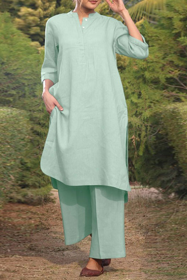 Cotton and linen V-neck 3\/4 sleeve wide brimmed pants 2-piece set