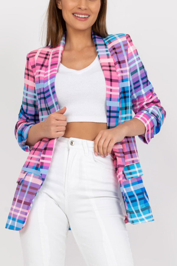 Blazer informal para mujer, chaqueta de traje de oficina con bolsillos y manga larga a cuadros de color y abertura frontal