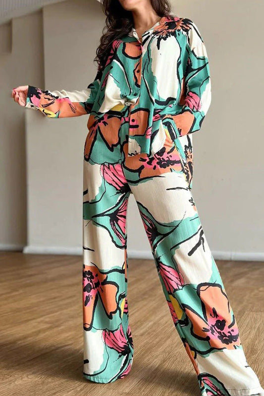 Conjunto de camisa de viajero con estampado de cintura alta y pantalones anchos