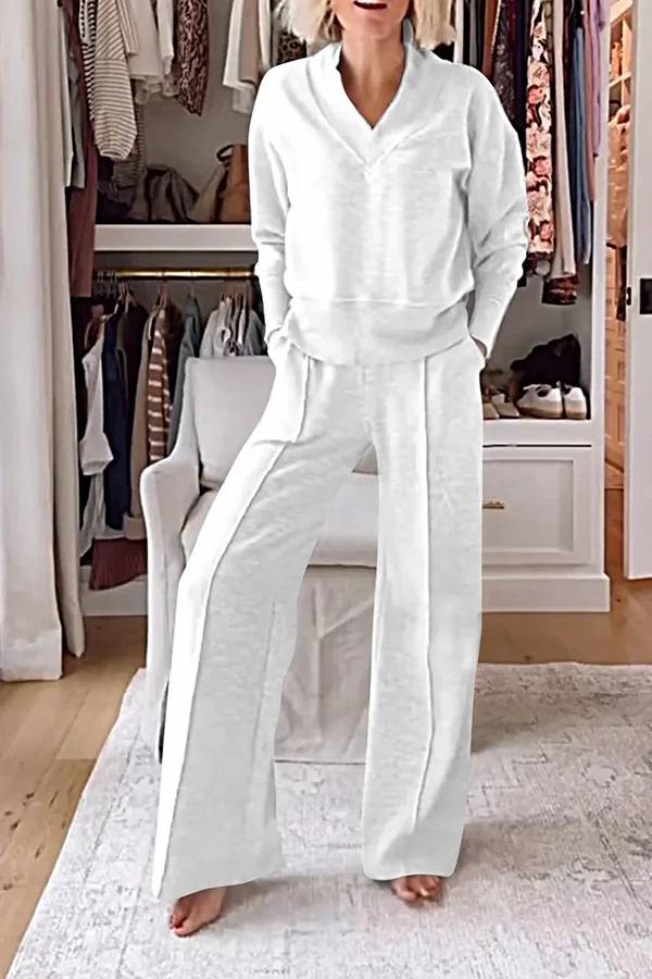 Conjunto de top de cuello en V y pantalones de estar por casa con bolsillos y cintura elástica de color liso para el frío 