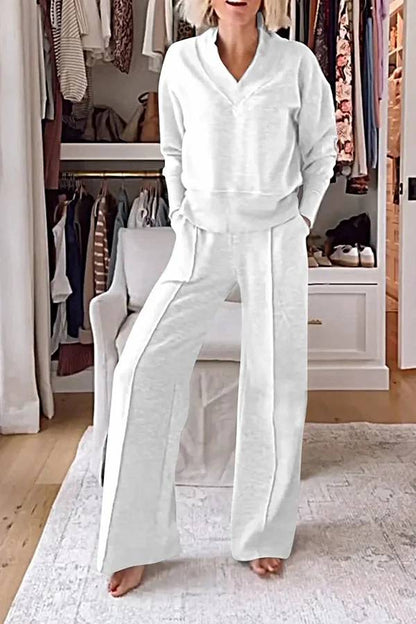 Conjunto de top de cuello en V y pantalones de estar por casa con bolsillos y cintura elástica de color liso para el frío 