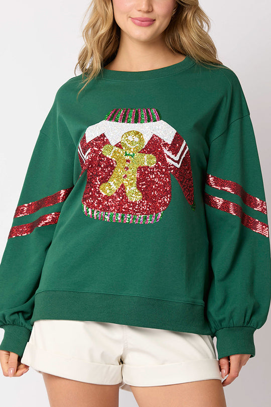 Sudadera informal de cuello redondo con lentejuelas navideñas
