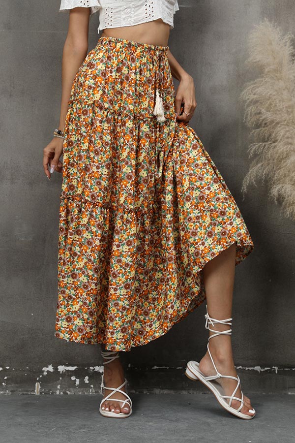 Falda de capas con costuras de encaje de hongos florales, estilo bohemio, con borlas, para playa y vacaciones costeras