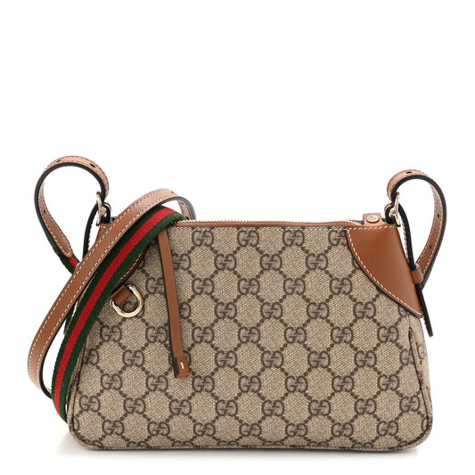 GG Supreme Monogram Textured Calfskin Small Emblem Shoulder Bag Beige Dark Brown