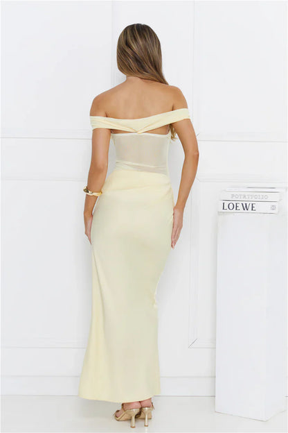 Silent Dreams Mesh Satin Off Shoulder Maxi Dress