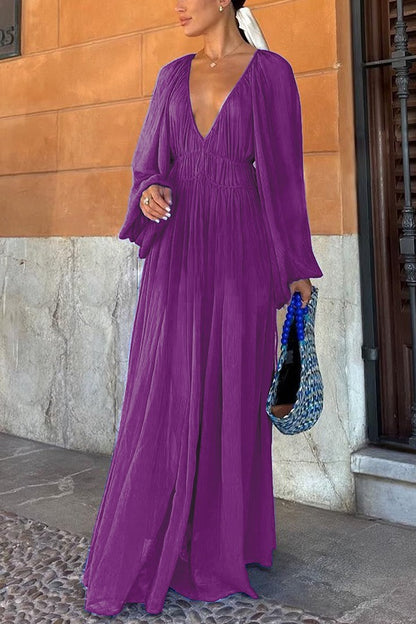 Chiffon Ruched Gathered Waist Maxi Dress