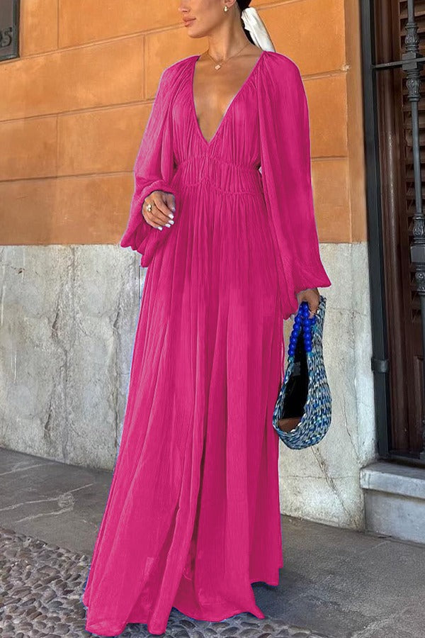 Chiffon Ruched Gathered Waist Maxi Dress