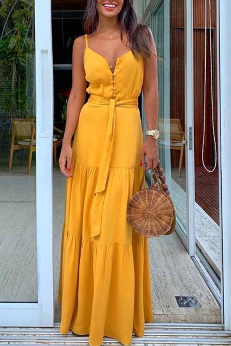 Vestido largo con cuello en V y botones con cinturón (3 colores)