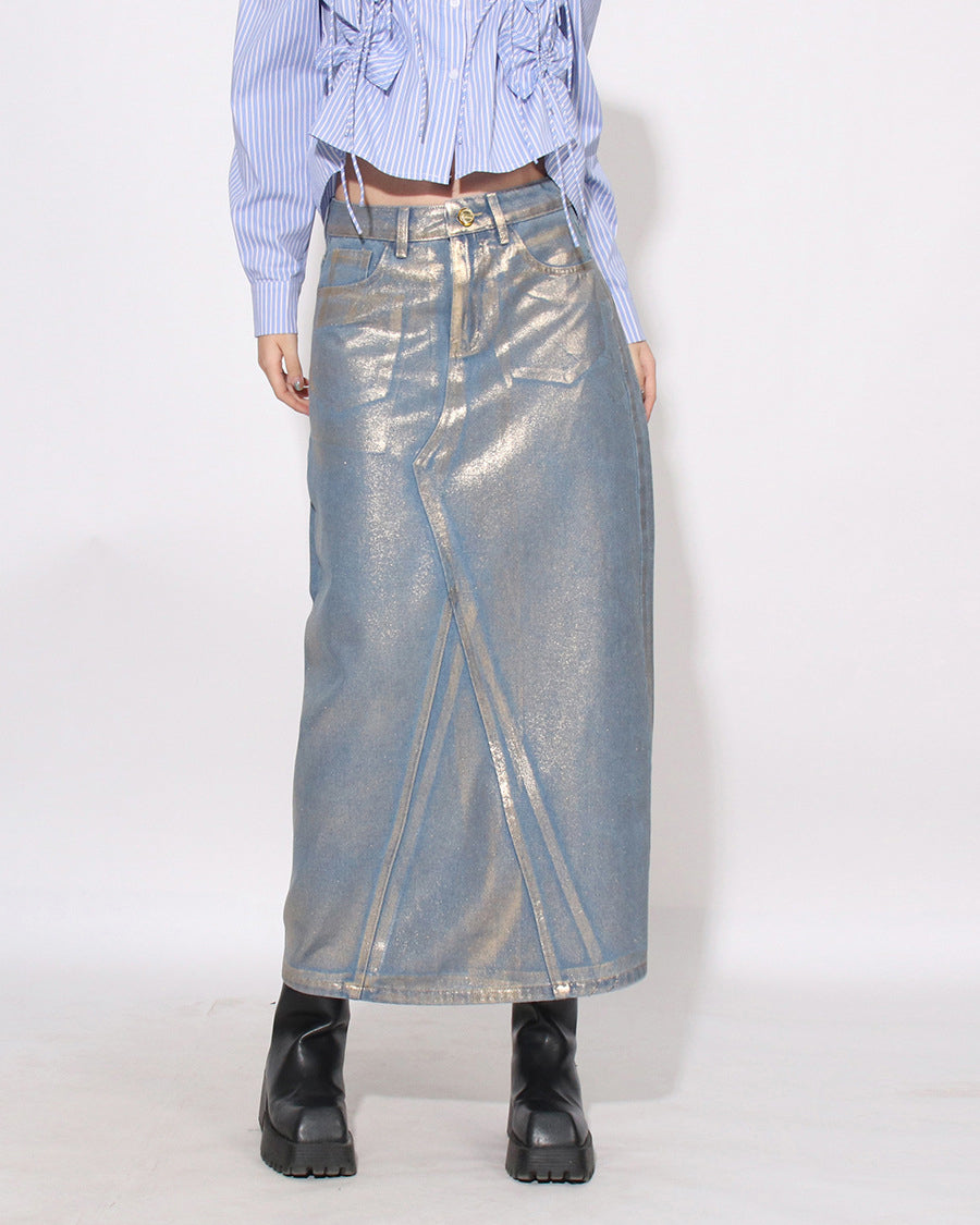High Waist Hot Stamping A-Line Denim Skirt