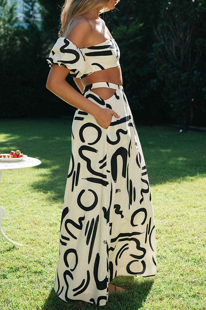 Conjunto de top corto con hombros descubiertos y falda larga con bolsillos y estampado Doodle de Allegra