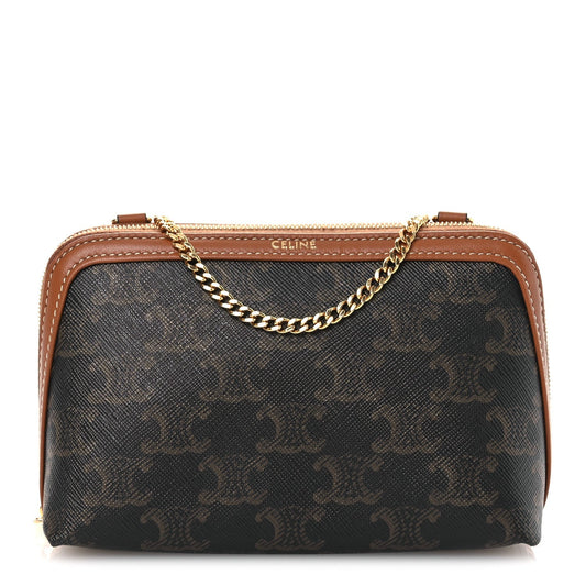 Triomphe Canvas Lambskin Clutch On Chain Tan