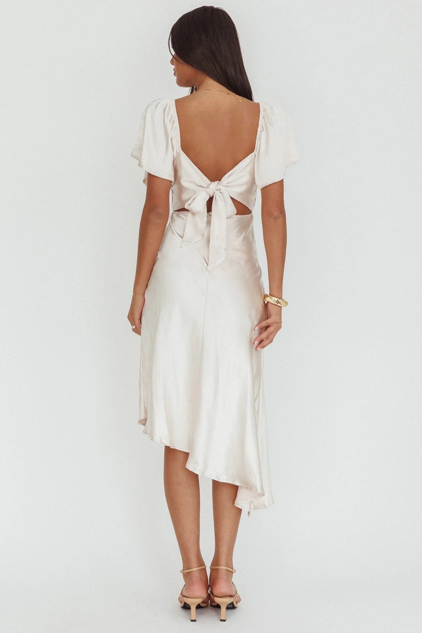 Grayson Tied Back Asymmetrical Midi Dress Champagne