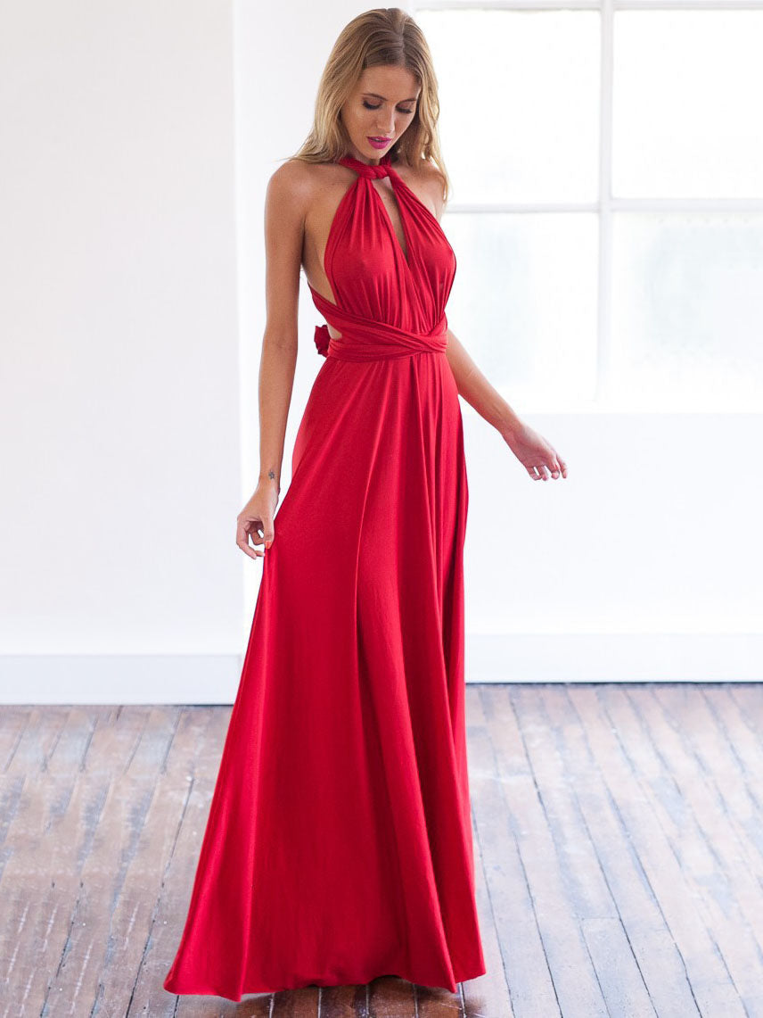 Birthday Sexy Maxi Dress Sleeveless Plunging Neck Backless Solid Color Evening Dress