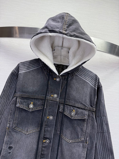 CD 25SS Polar Fleece Composite Denim Hooded Jacket Dark Gray Cotton 306527