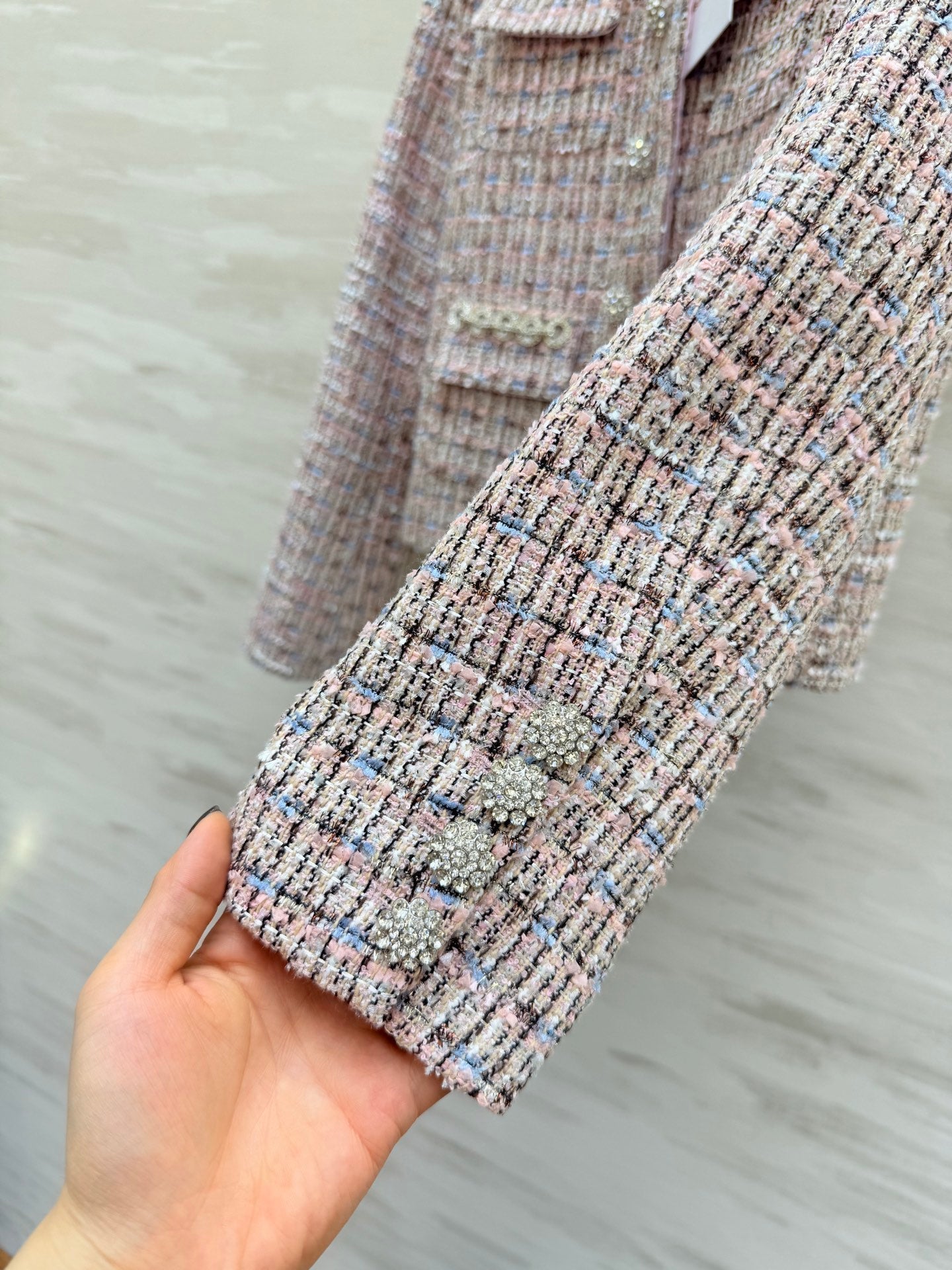 Chanel 2025 Rhinestone Chain Jacket Pink Woven Tweed Fabric 319510