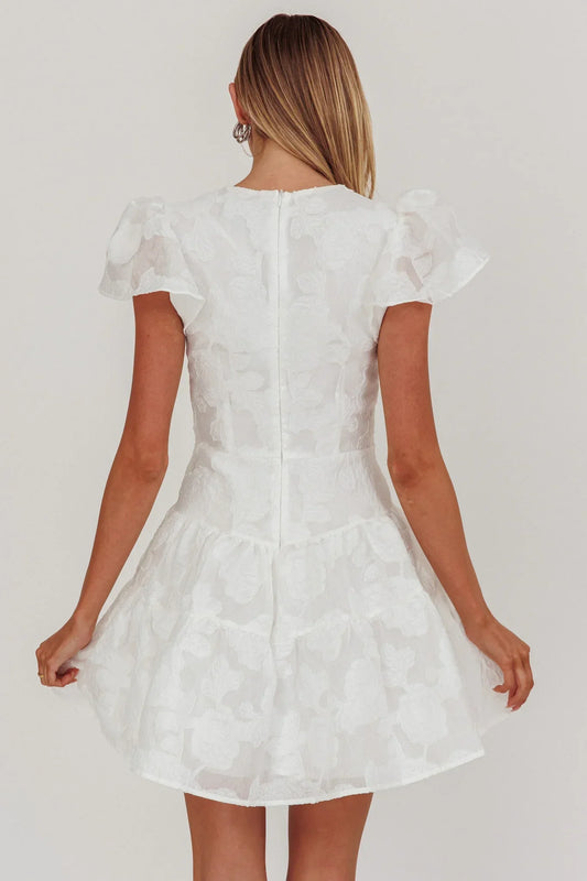 Irenna Ruffle Sleeve V-Neck Mini Dress Textured White