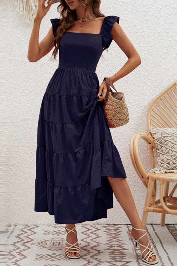 Vestido con falda pastel de cintura alta, color liso, cintura delgada, mangas voladoras