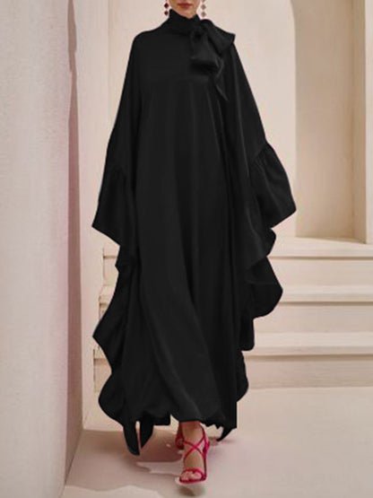 Batwing Sleeves Loose Hollow Pleated Solid Color Split-Joint High Neck Evening Dresses Maxi Dresses