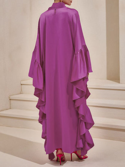 Batwing Sleeves Loose Hollow Pleated Solid Color Split-Joint High Neck Evening Dresses Maxi Dresses