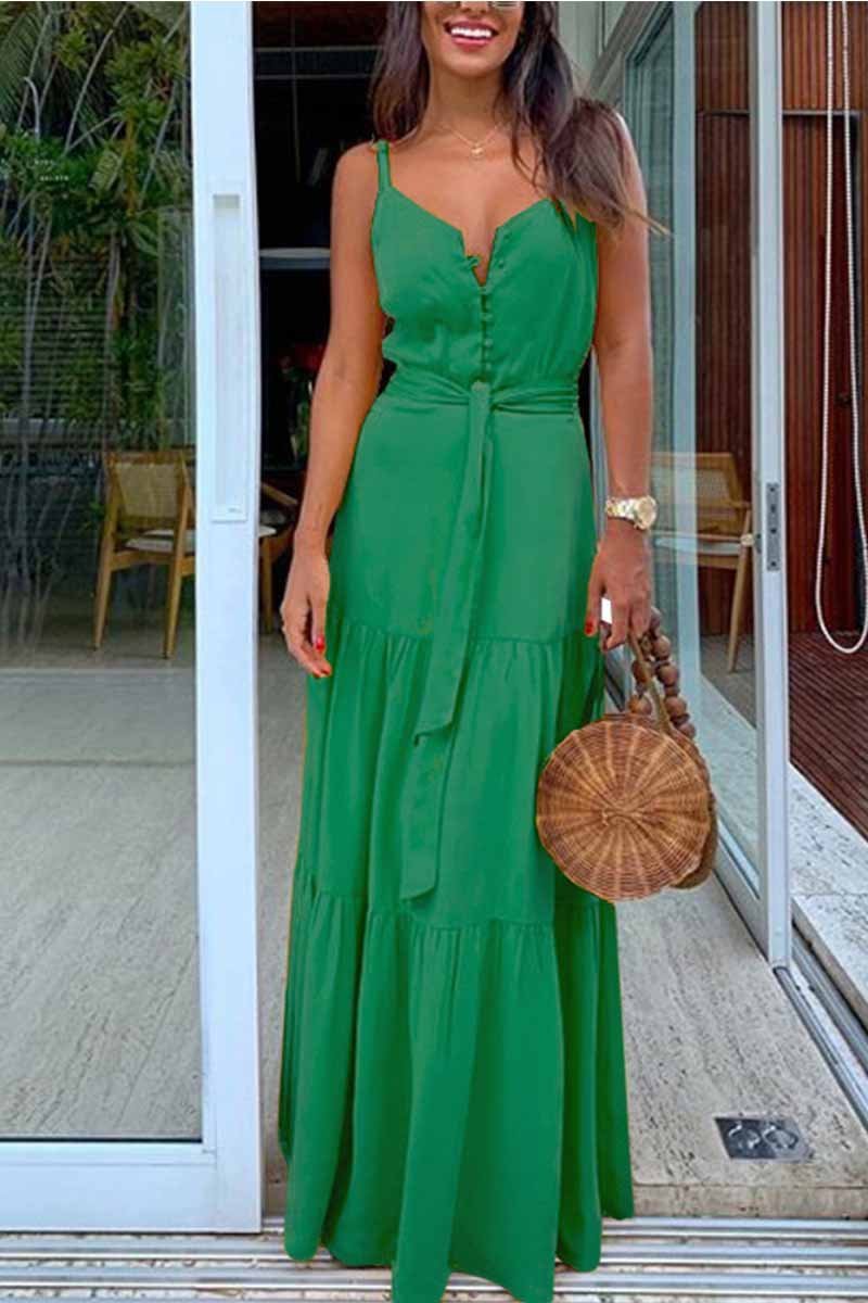 Vestido largo con cuello en V y botones con cinturón (3 colores)
