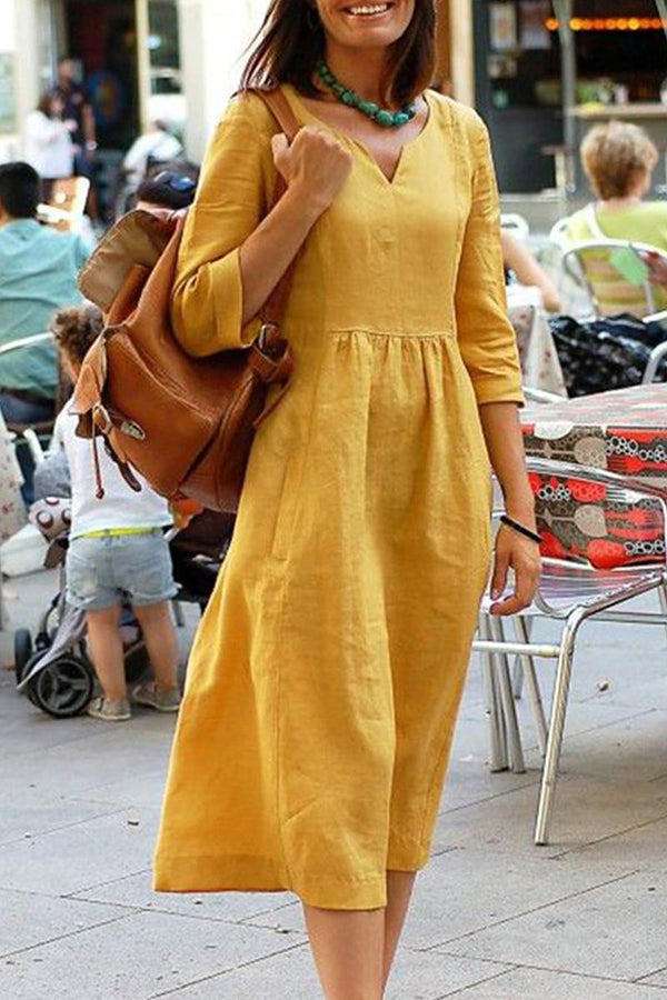 Vestidos casuales sencillos de color liso con escote en V y falda de un solo paso