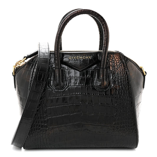 Calfskin Crocodile Embossed Mini Antigona Black