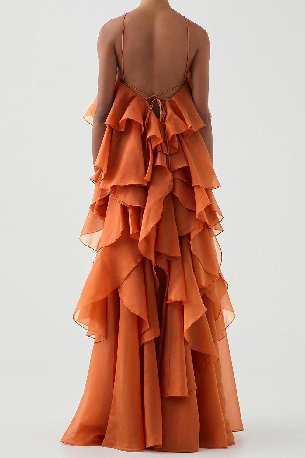 Vestido largo con volantes y cuello halter con flores 3D 