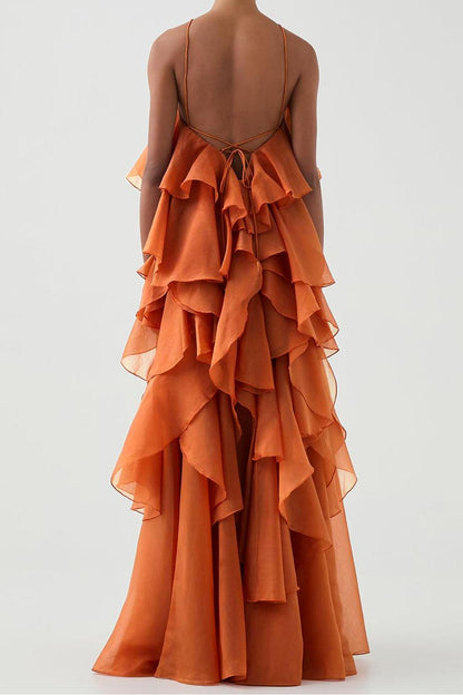 Vestido largo con volantes y cuello halter con flores 3D 