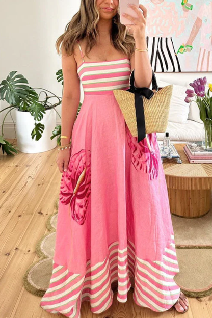 Vestido largo camisola con estampado floral y rayas sin espalda