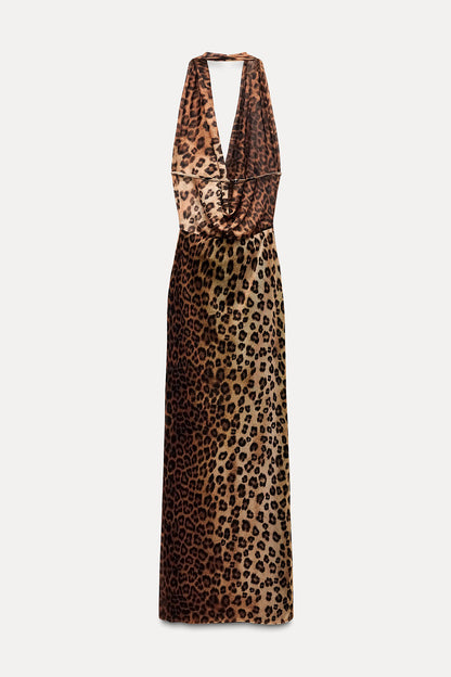 Vestido largo con cuello halter y estampado de leopardo de Marina 