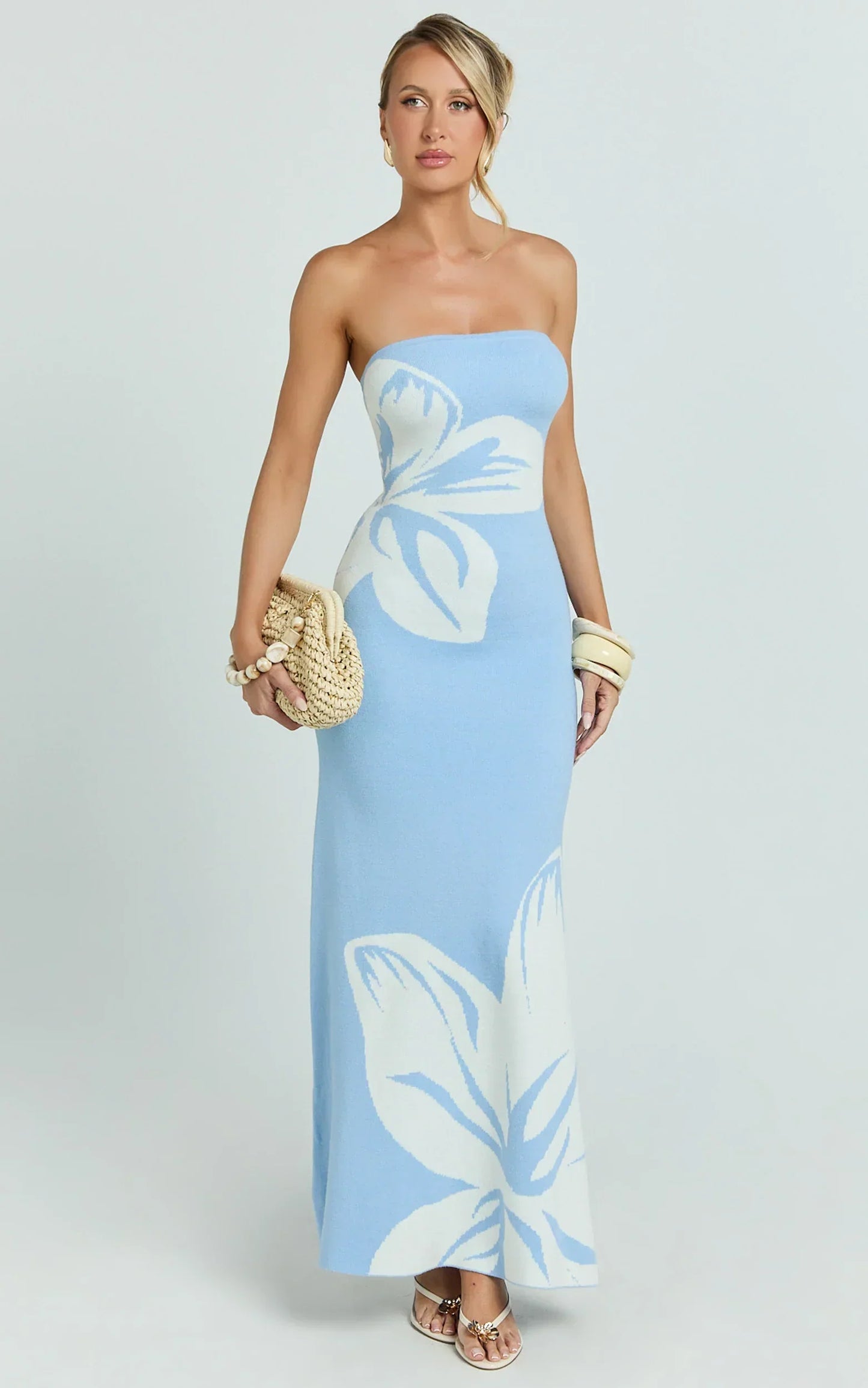 Amy Midi Dress - Knit Strapless Column Dress in Intarsia Print