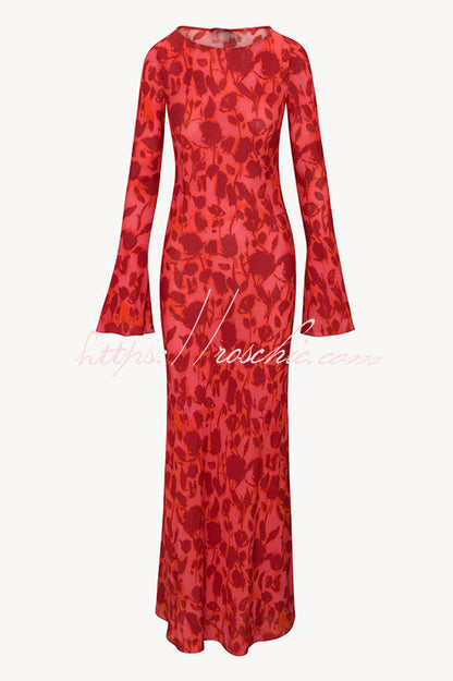 Gia Unique Print Boat Neck Long Bell Sleeve Bias Cut Maxi Dress