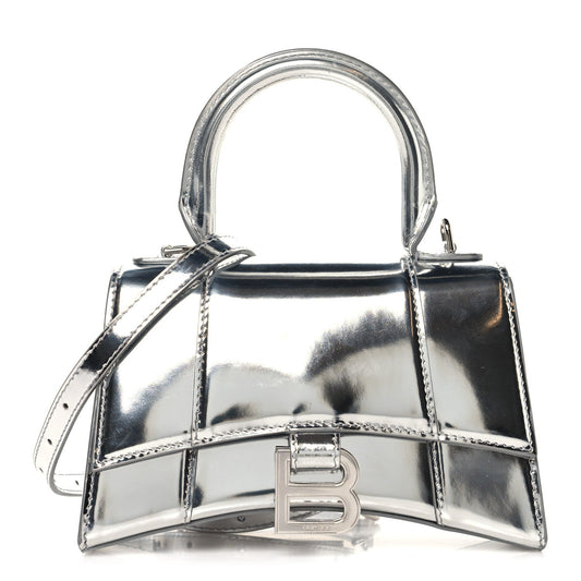 Metallic Calfskin Hourglass Top Handle Bag XS Silver