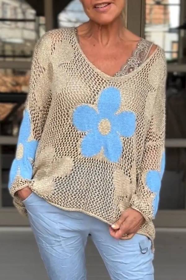 Camisa de punto floral con cuello en V calado Suéter de malla floral