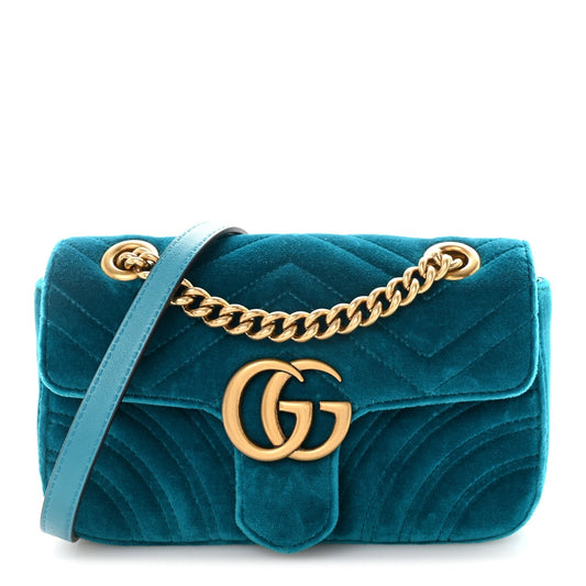 Velvet Matelasse Mini GG Marmont Shoulder Bag Pavone Cyan