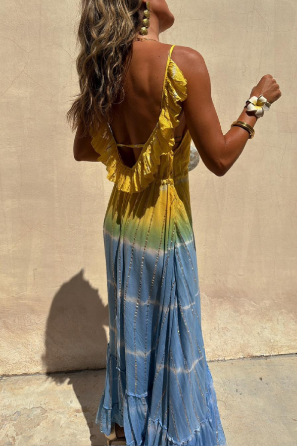 Vestido largo tie-dye de lúrex dorado