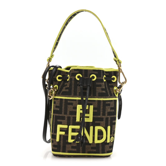 Fabric Jacquard Shiny Nappa FF 1974 Logo Threaded Edge Mini Mon Tresor Bucket Bag Tobacco Moro Giallo Fluo
