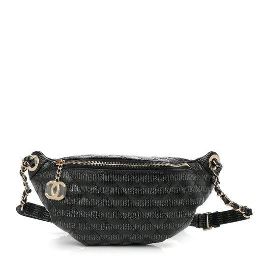 Metallic Caviar Striped Banane Waist Bag Fanny Pack Black Gold