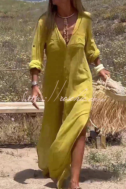 Happy Holidays Linen Blend Button Up Pocket Slit Shirt Maxi Dress
