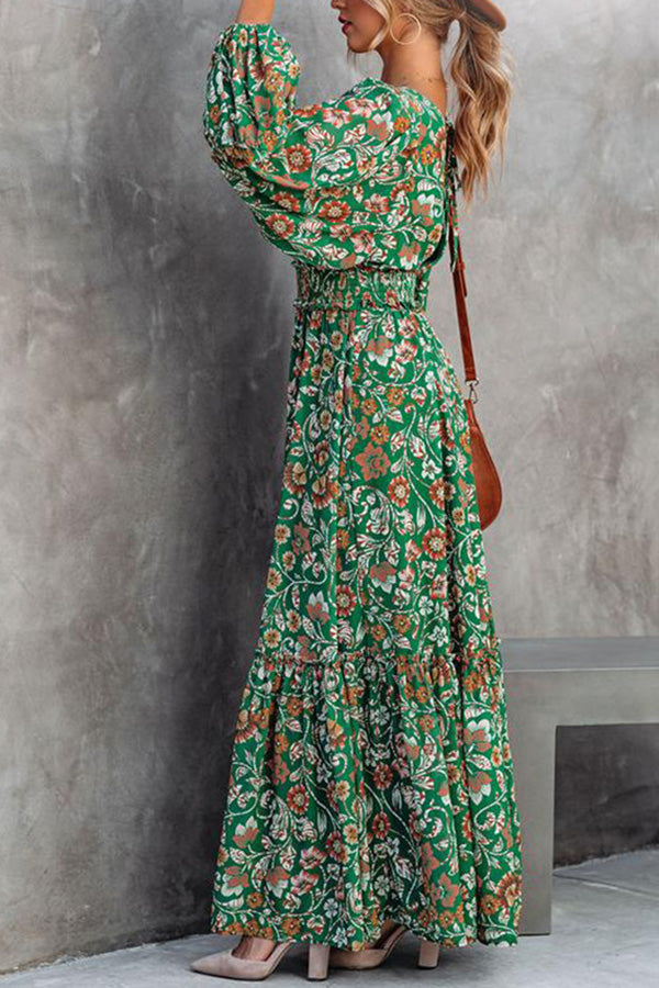 Vestido de moda con cuello en V, manga larga y costuras sin espalda y estampado de farol.