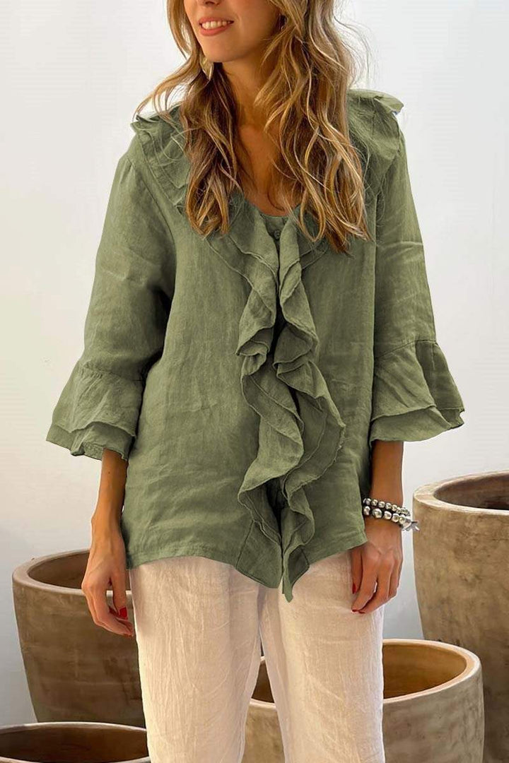 Tops casuales de algodón y lino con cuello con volantes para mujer
