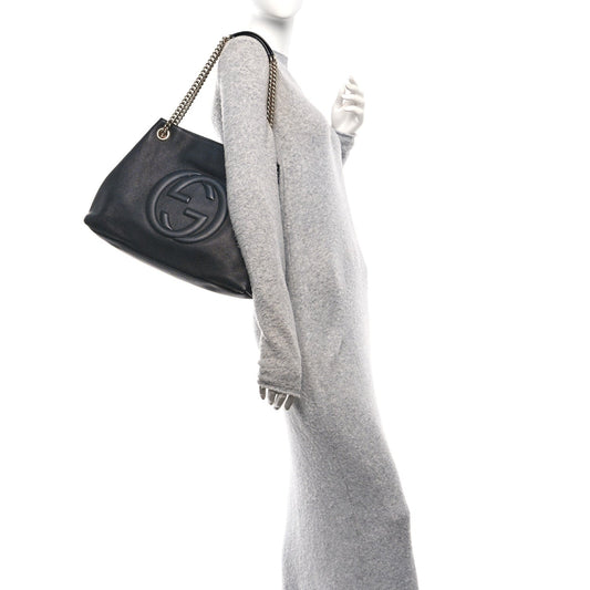 Pebbled Calfskin Medium Soho Chain Shoulder Bag Black
