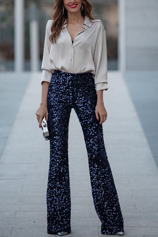 Pantalones acampanados de cintura elástica y tiro alto con lentejuelas de terciopelo Diva